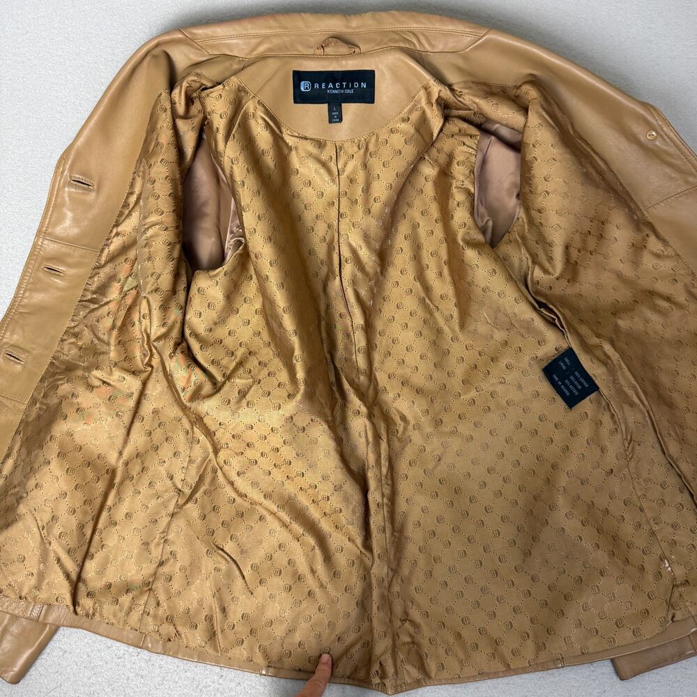 Reaction Kenneth Cole Women L Tan 100% Leather Blazer Jacket Button Lined - Picture 4 of 6